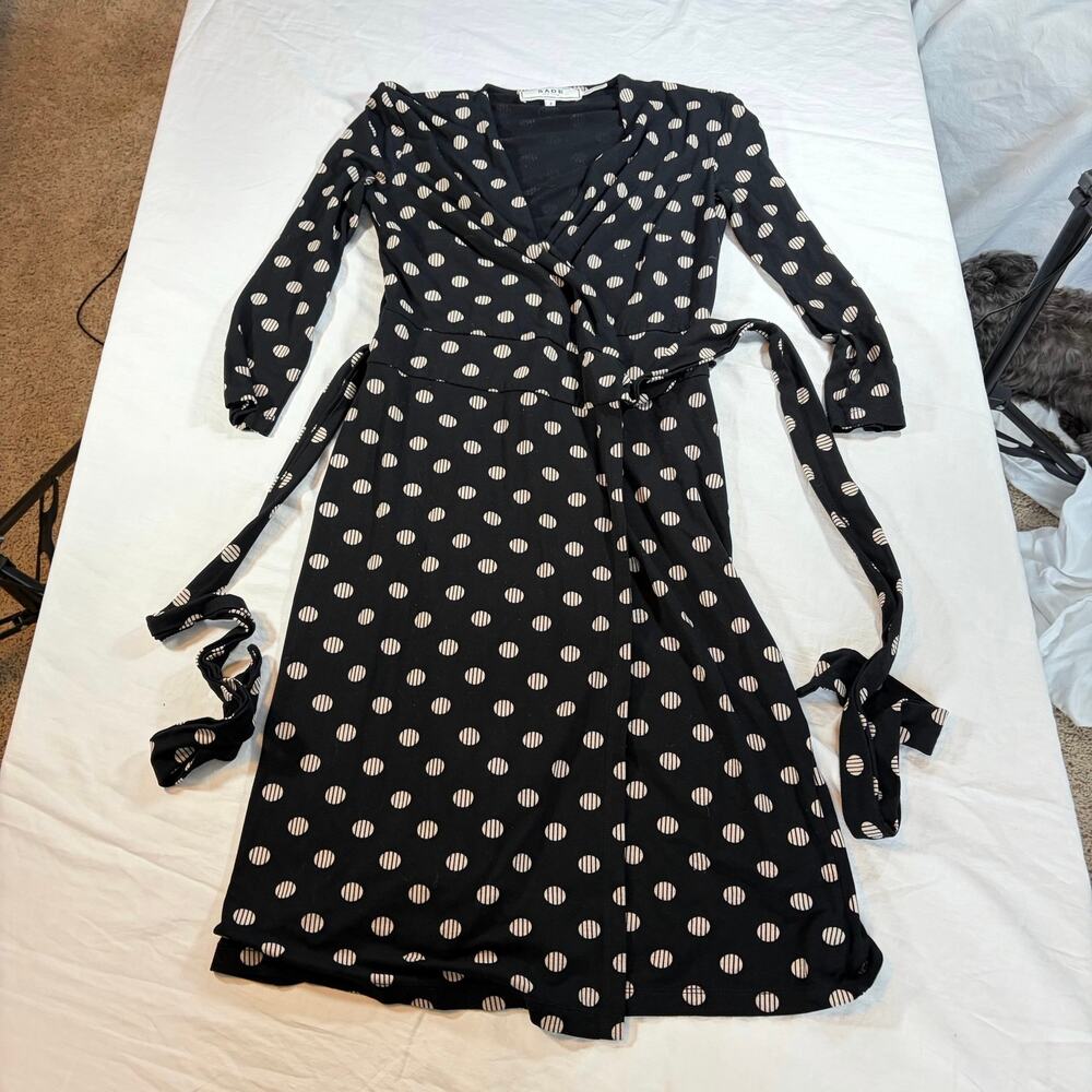 Sade womens black cream polka dot 3/4 sleeve knee length wrap dress. Size 2 - Picture 6 of 7
